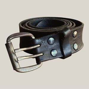 Vintage 1970s Black Leather Double Prong Belt Size 40 Biker